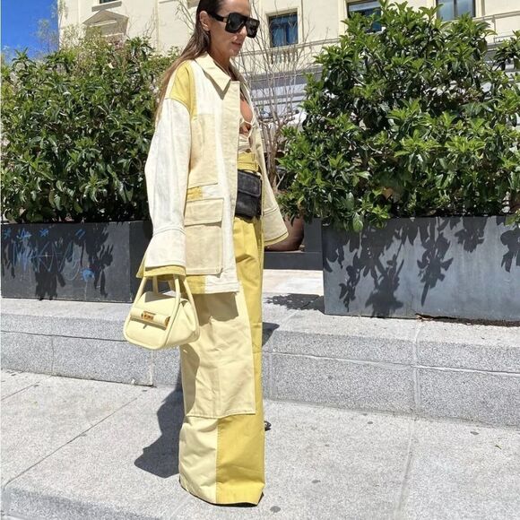 Zara Patchwork Contemporary Cargo Pants Wide Leg Pockets Belt Bohemian - Picture 1 of 16